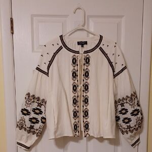 RD +koko Sz M, Embroidered, open Front Blouse In Cream /black Embroidery. NWT